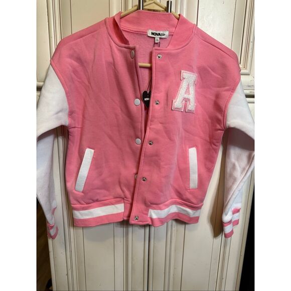 Nova Kids Girls Button-up Mini Bronx Shawty Varsity Bomber Jacket Pink Sz 10 NWT - Picture 7 of 12